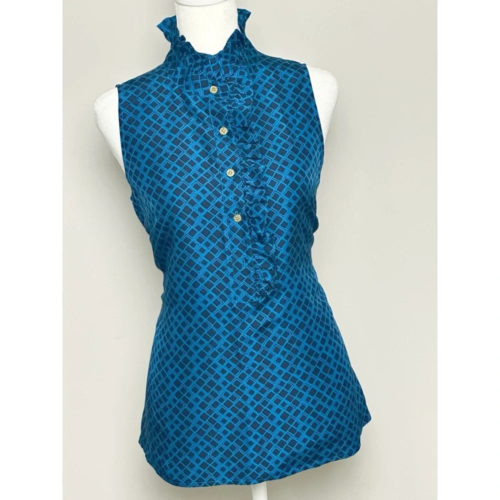Tory‎ Burch Blue Black Geometric Ruffle Collar Sleeveless 100% Silk Blouse-Sz 8